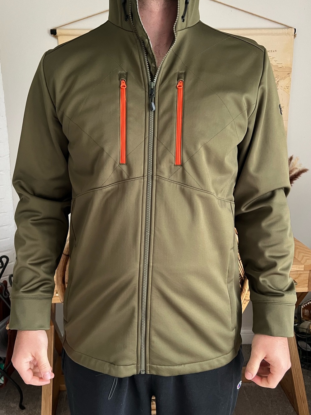 Under Armour Olive Hooded Softshell Jacket with Orange Accents